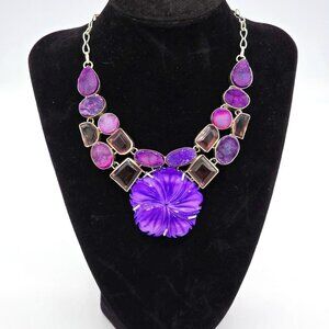 Statement Necklace Purple Flower Gemstone Bib Necklace Fashion Jewelry